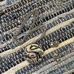 Frederick “Raven Stealing Sun” Pewter Necklace and Earrings Set.  Worn once.